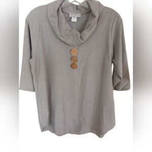 Shane Lee gray striped cowl neck pullover top, 3/4 sleeves, wood button detail L